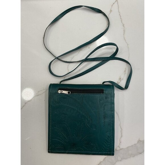 NWOT JL Saldivar Tooled Leather Hand Crafted Teal Cross Body Wallet Purse - Picture 2 of 7
